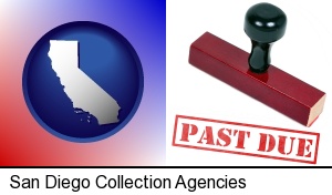 a past-due stamp used by a bill collection agency in San Diego, CA